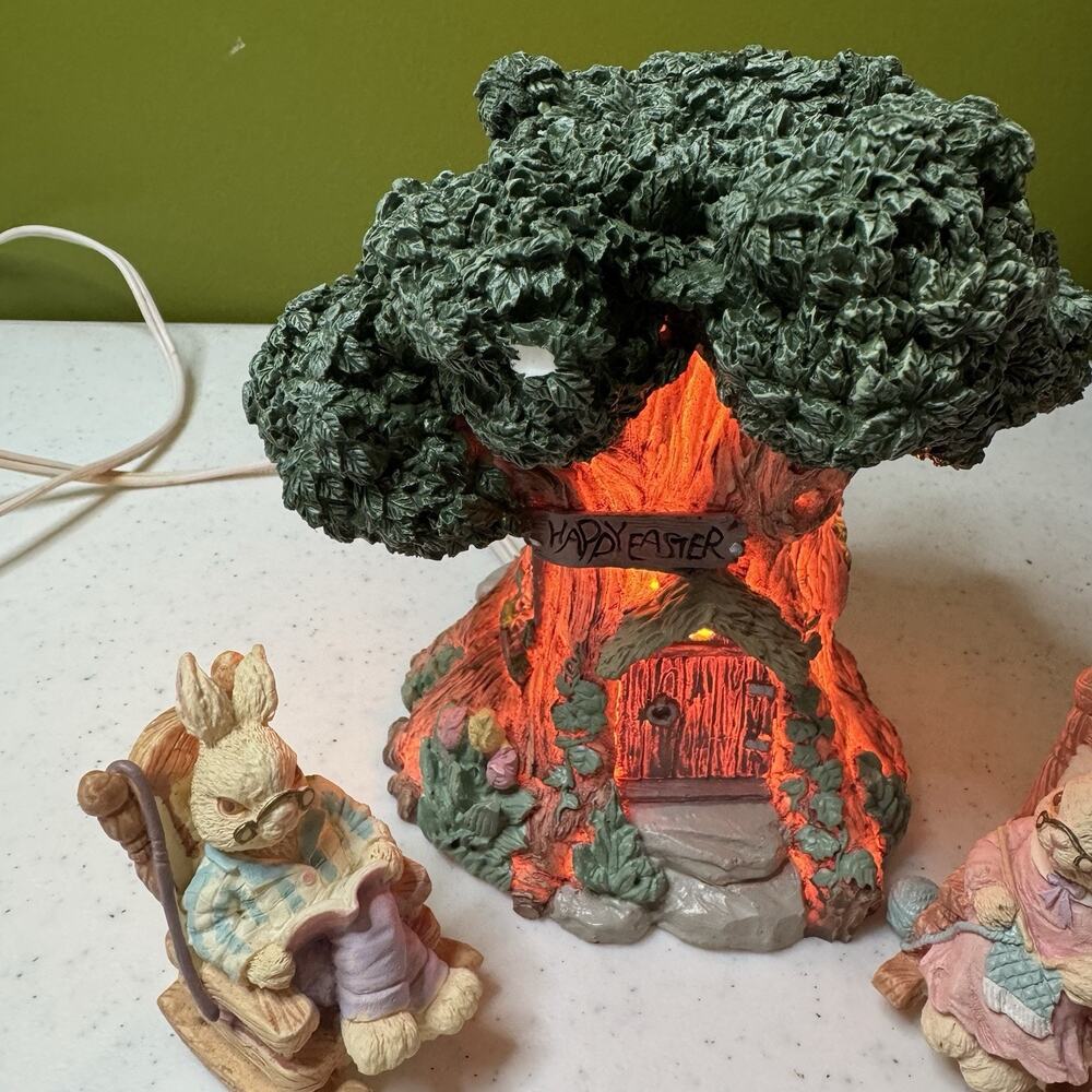 7 Pc Bunny and Lighted‎ Tree House Set 90s Resin Easter Spring Decoration Box - Picture 6 of 12